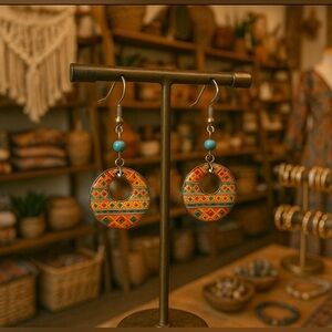 Retro styled boho patterned earrings, epoxy covered 💚🧡💛❤️🩵